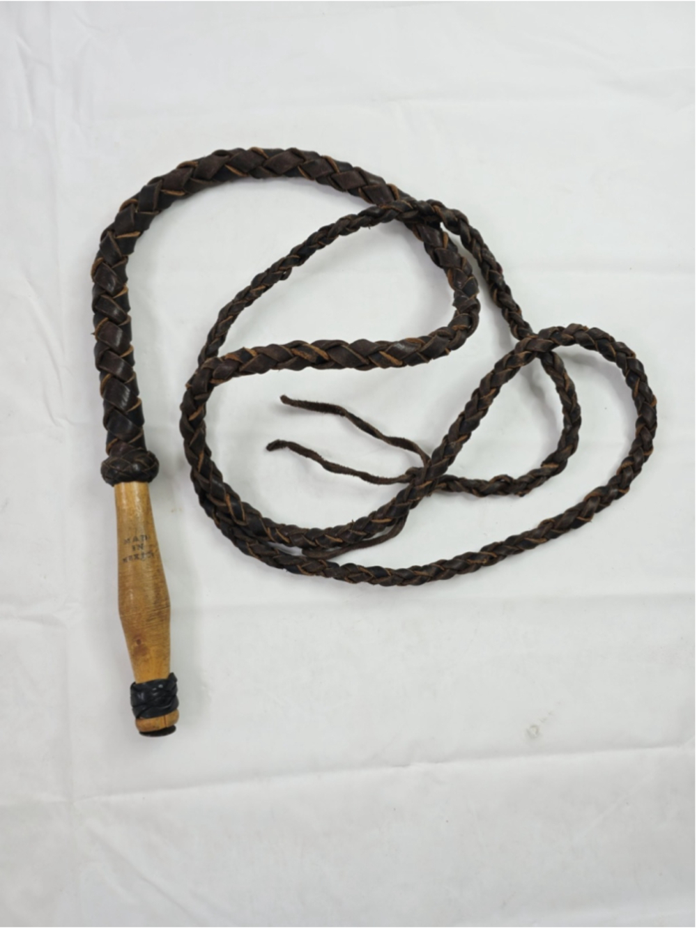 Vintage Brown Braided Leather Bullwhip Riding Whip/Crop Wooden Handle 12ft